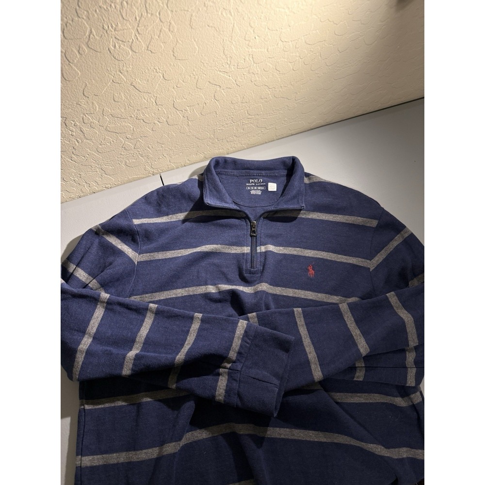 Polo Ralph Lauren 1/4 Zip Knit Sweater Navy/Gray Stripe‎ Classic Preppy